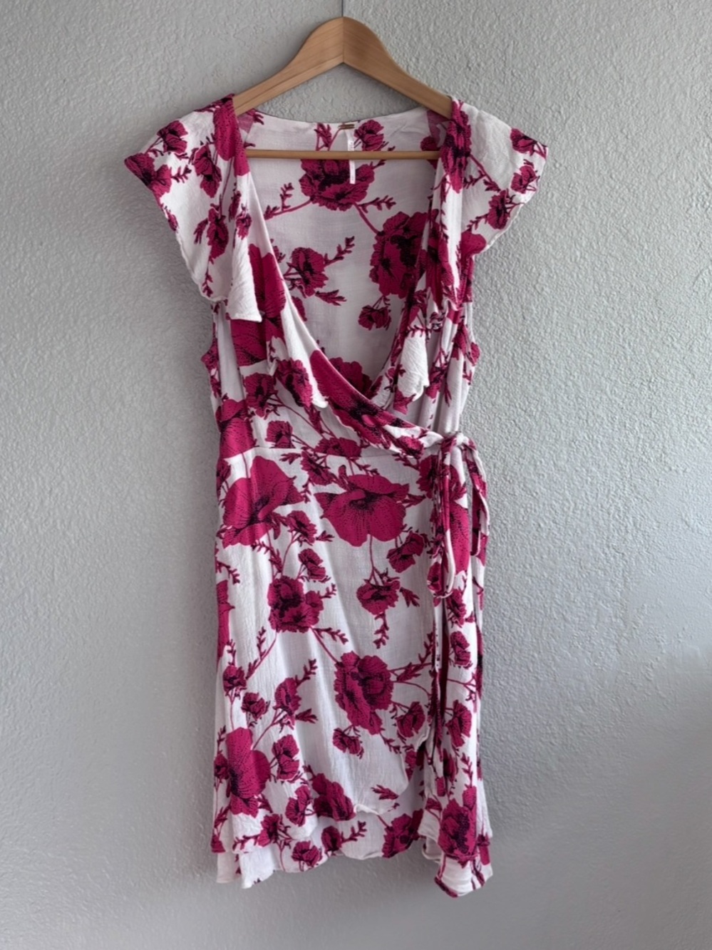 Free People French Quarter Wrap Dress Pink Floral Ruffle Boho Mini Cottagecore L - Picture 7 of 10